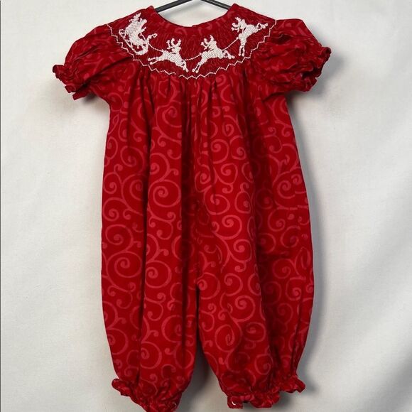 Banana Split Reindeer Red and White Holiday smocked embroidered romper EUC - Picture 1 of 15